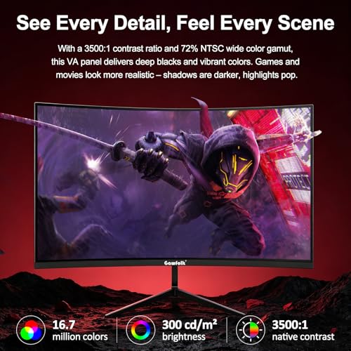 Image of Gawfolk 32 inch Curved Gaming Monitor 240Hz, 1800R Full HD 1080P Computer Monitor VA Panel, PC Screen with Freesync and Eye Care Technology, Wall Mountable