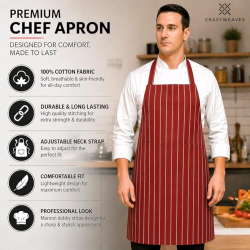 Image of 100% Cotton Cooking kitchen Apron for Women and Men chef apron With adjustable neckstrap and ties with center pocket with strong and durable cotton apron