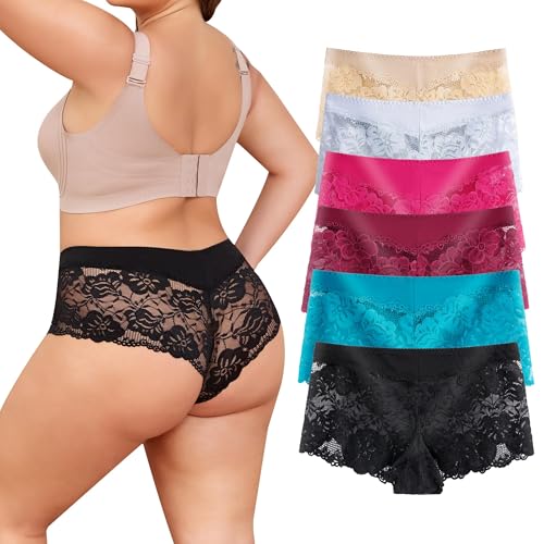 Image of Sexy Underwear For Women, Plus Size Lace Boyshorts Panties Soft Boxers Panty With Cotton Crotch, 6 Pack