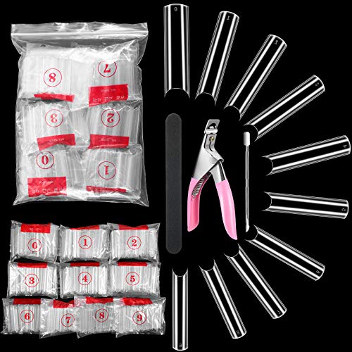 500 Pieces Extra Long C Curve Half Cover Nail Tip and Nail Cutter Sponge Polishing Cuticle Pusher Extra Long Straight Square Tip Deep C/U Curved Square Shape French False Nail Tip (Transparent Color)
