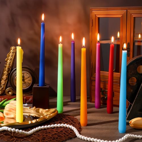 Image of MTLEE 32 Pcs Long Taper Candlestick Bulk 10 Inch Smokeless, Rainbow | Paraffin Wax Cotton Wick, Colorful Vibrant for Dinner Wedding Party Church, Unscented Table Centerpiece Decor