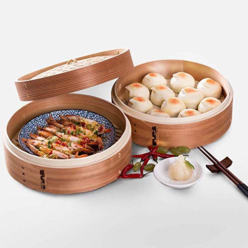 Vaporera de bambú de 2 niveles con tapa, diseño reforzado duradero para una cocina saludable