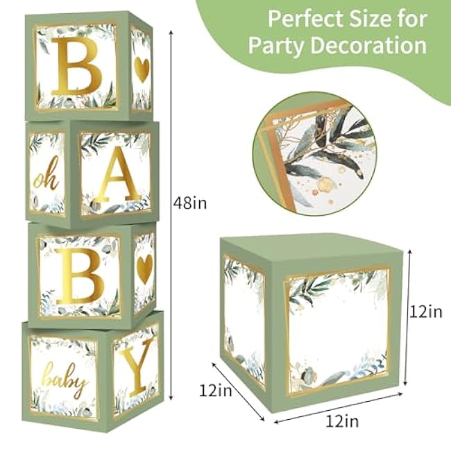 RUBFAC Sage Green Baby Boxes with Letters for Baby Shower, 4pcs Safari Baby Shower Decorations for Boy Girl Balloon Boxes Gender Reveal Birthday Party Favors