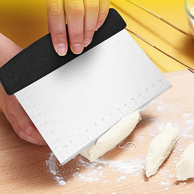 Image of Dough Scraper Stainless Steel with Handle, Metal Dough Cutter Spatula with Measurements, Kitchen Baking Tool Bench Scraper for Pizza Pasta Pastry Cake Bread Biscuit (Black)