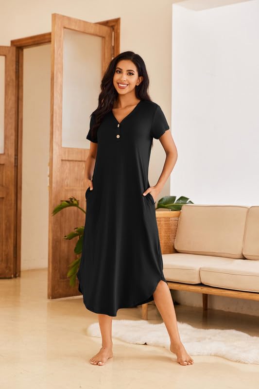 Ekouaer Long Nightgowns for Women Button Night Gowns Short Sleeve Sleepwear Full Length Sleep Shirts With Pockets S-2XL2
