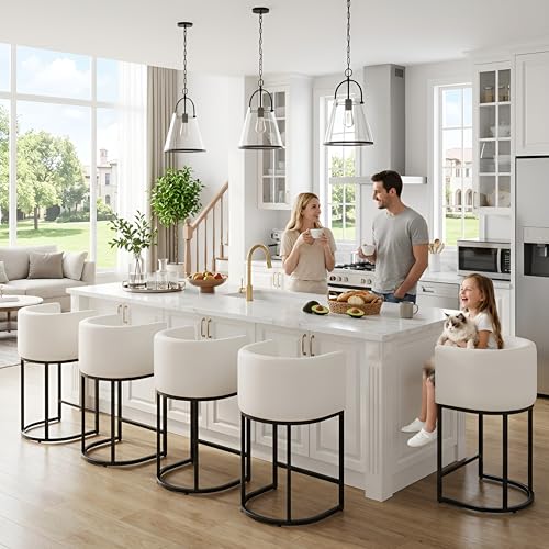Image of HNY White Modern Barrel Counter Height Clearance Bar Stools Set of 3, 24 Inch PU Leather Kitchen Barstools with Back for Island, with Black Metal Tubular Frame