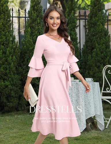 Image of DRESSTELLS Women's Cocktail Dress Summer Wedding Guest Party Vintage 3 /4 Bell Sleeve V Neck A-Line Dress