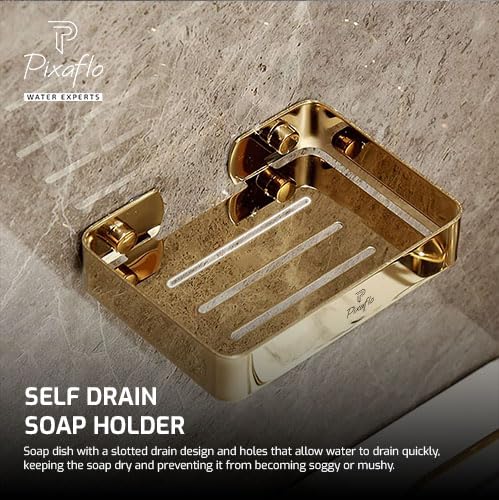 Image of Pixaflo Stainless Steel 304 Grade Bathroom Soap Holder /Soap Stand /Soap Dish | Wall-Mounted | Durable | Anti-Rust | Sleek Black Finish | Bathroom Accessories | Golden