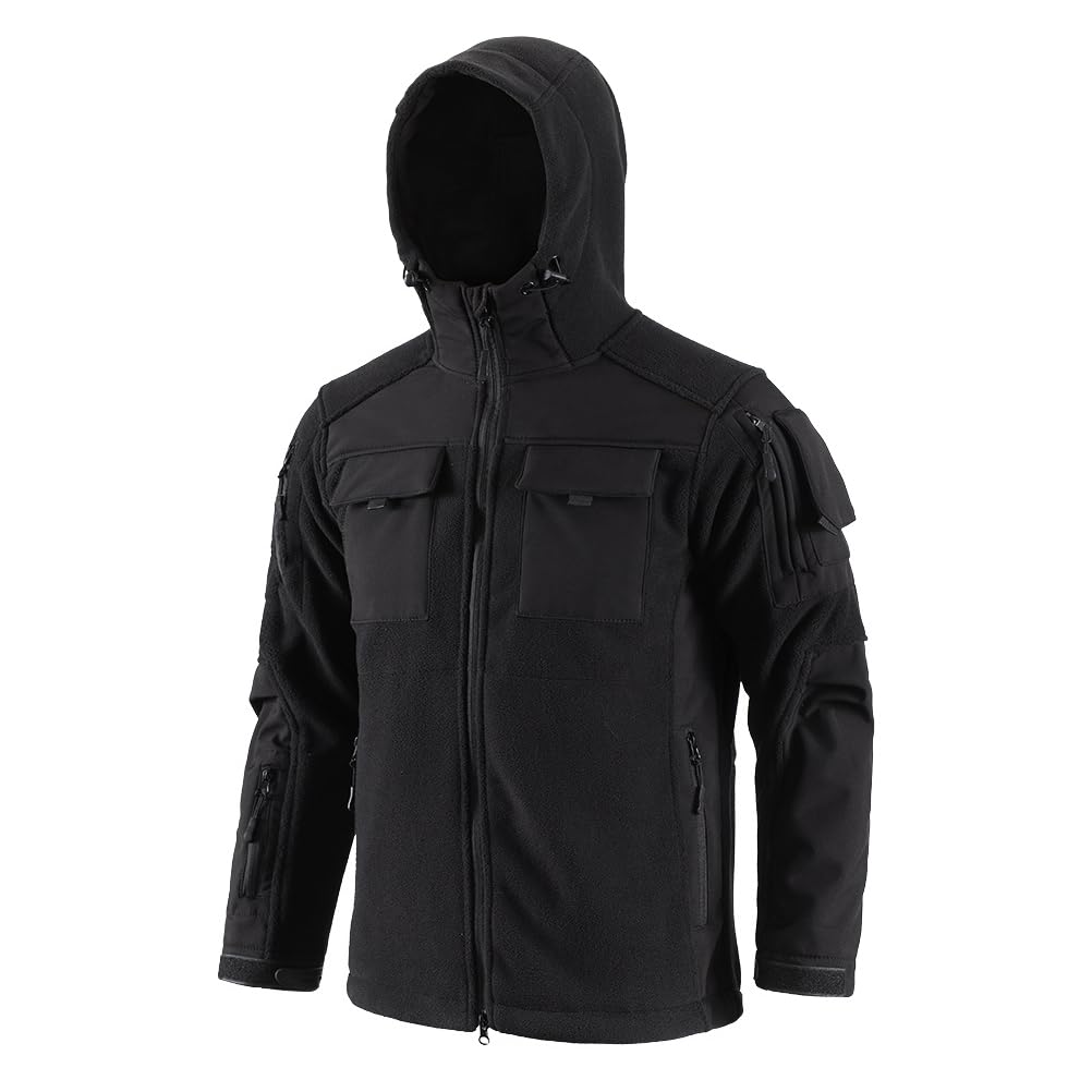 GUOCU Chaqueta de Forro Polar Hombres con Cremallera Completa, Chaqueta de Trabajo a Prueba de Viento con Capucha Invierno Abrigo Táctico Cálido con Bolsillo para Montañismo Viajar Senderismo Pesca