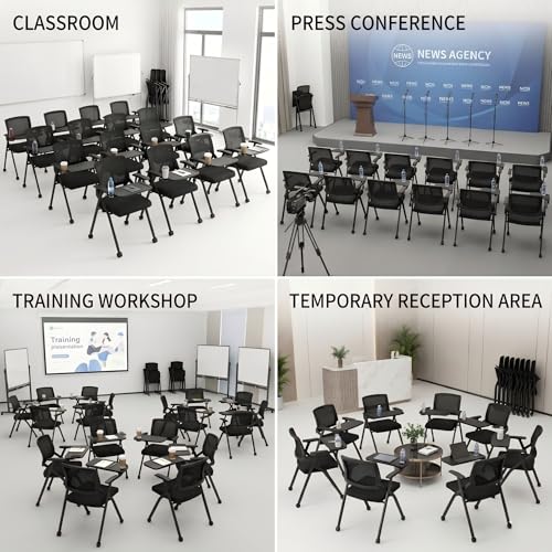 Image of 8 Pcs Folding Training Chairs with Desk Attached, Office Meeting Chair with Writing Tablet & Cup Holder, Space-Saving Nesting Stackable Chairs with wheel for Conference Room,Seminar, Classroom