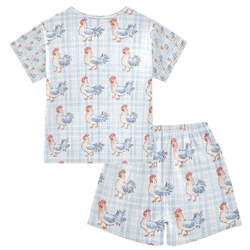 senya Blue Grid Rooster Summer Pajamas Set Short Cotton Sleepwear 2 Piece2
