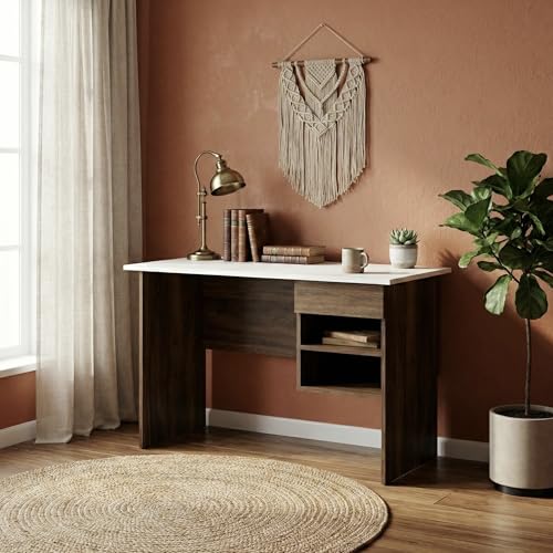 Image of Aris Study Table with Drawer & Storage Shelves, Modern Dual-Tone Office Desk for Home & Students, 116x57x72cm (Brown Maple & White)