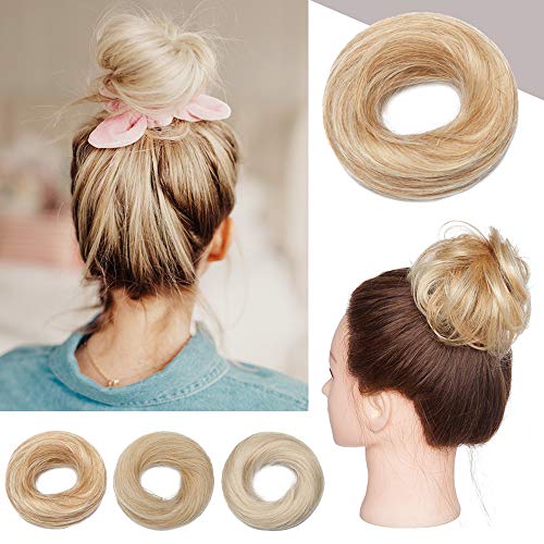 Hair Bun Hair Piece 100% Human Hair Messy Bun Hair Pieces Real Hair Scrunchies Wavy Updo Remy Donot Elegant Chignons With Elastic Rubber Band Ponytail Extensions For Women 1PC 23g #18P613 Blonde