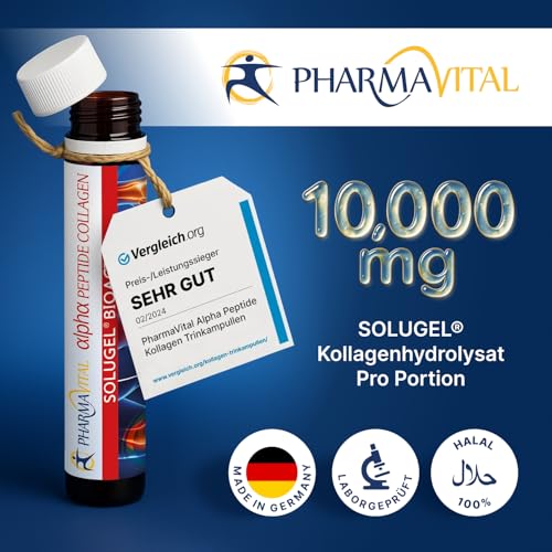 PharmaVital Alpha Peptide Collagen Trinkampullen (50 Stück) – 10.000mg Kollagenhydrolysat SOLUGEL(R), Vitamin C Selen Hagebutte, Premium, mit bioaktiven Peptiden für Knochen Gelenke Haut 2