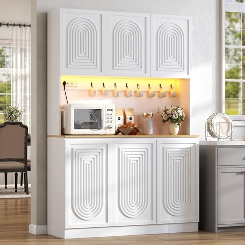 Image of 71 inch Black Kitchen Pantry with Power Outlet & LED Light, Large Kitchen Hutch Cabinet with Adjustable Shelf, Modern Buffet Cabinet with 6 Doors, Food Pantry Storage for Dining Room (White 6 Doors)