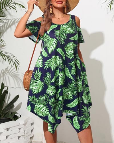 Image of Pinup Fashion Plus Size Summer Sundress Casual Flowy Cold Shoulder Dress