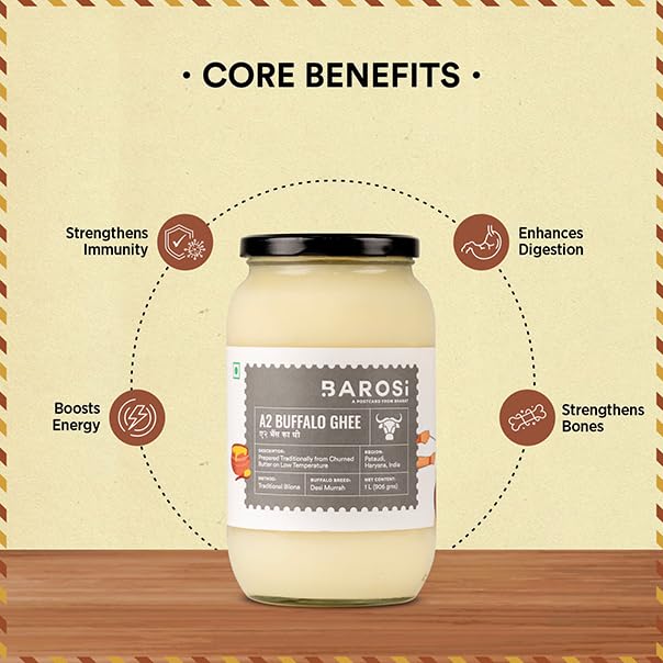 Image of BAROSI [Premium A2 Buffalo Ghee 1 Litre] Danedar Desi Ghee | Vedic Bilona Method | Grass-Fed | Curd-Churned | Cultured Ghee | Pure, Natural & Healthy (Glass Bottle 1000 ml) (Pack of 2)