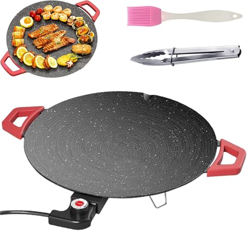 Non-Stick Electric Indoor Grill Pan - 1500w Portable Electric Korean Bbq Grill, Multifunctional Nonstick Smokeless Round Griddlewith Temperature Control,Include Oil Brush,Food Tongs