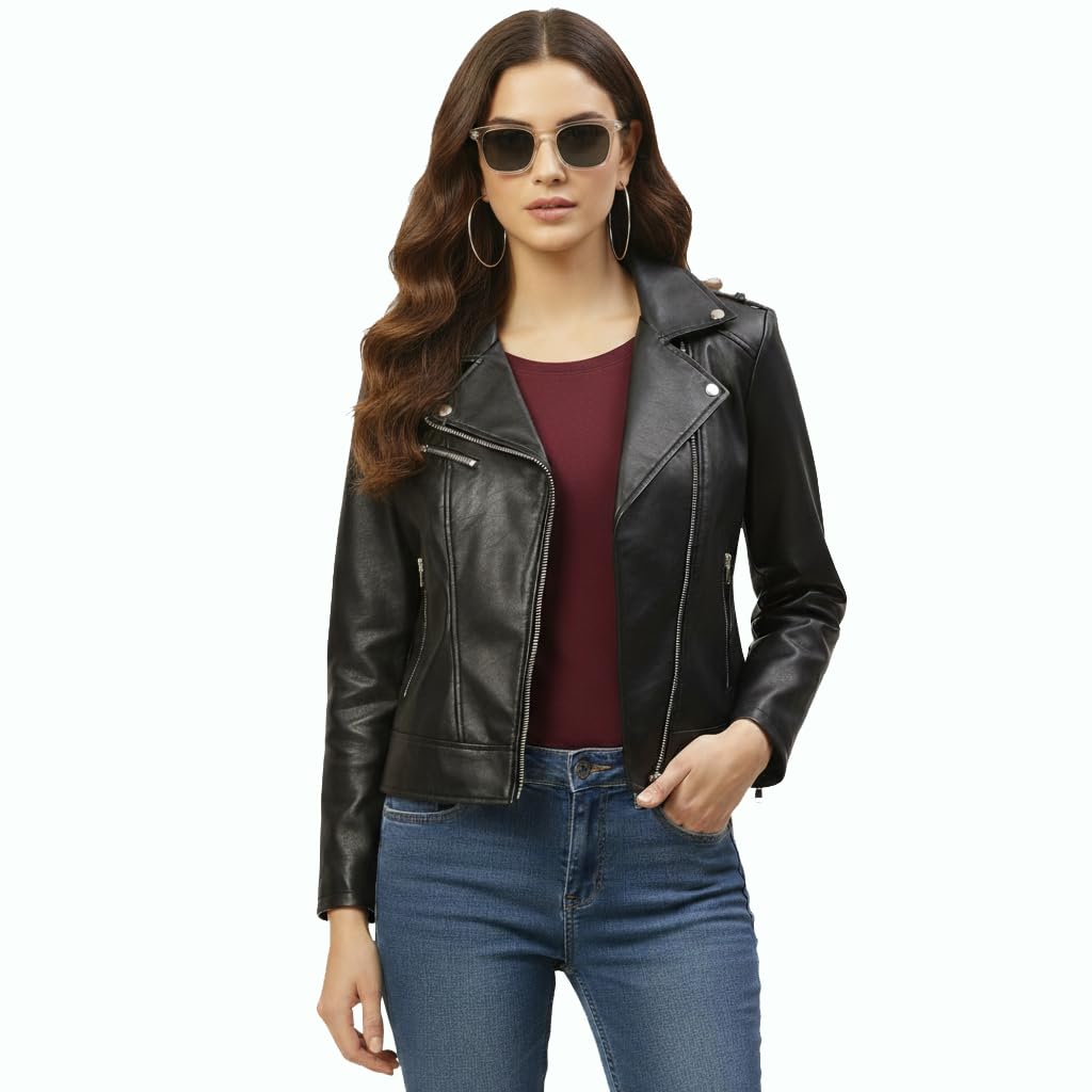 women biker leather jacket black