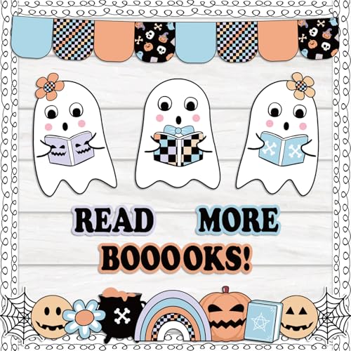 Halloween Bulletin Board Decorations Set Boho Halloween Ghost Classroom Decor with Cute Ghost Paper Cutouts Border Trims for Back to School Teacher Nursery Classroom Wall Door Decor