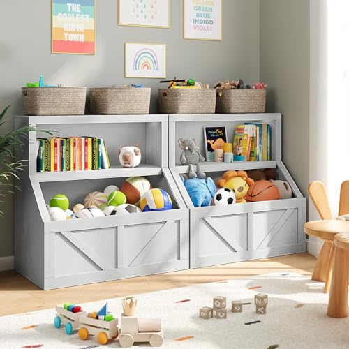 GarveeHome Kids Bookshelf and Toy Storage, 2 Tier Toy Organizer with Storage Cabinet, Toddler 2 Shelf Bookcase for Playroom, Bedroom, Living Room, Classroom, Vintage White
