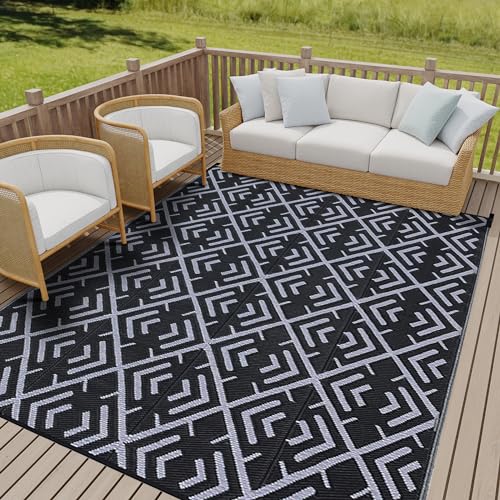 HUGEAR 6x9 Black Grey Boho Waterproof Outdoor Rug for Patio