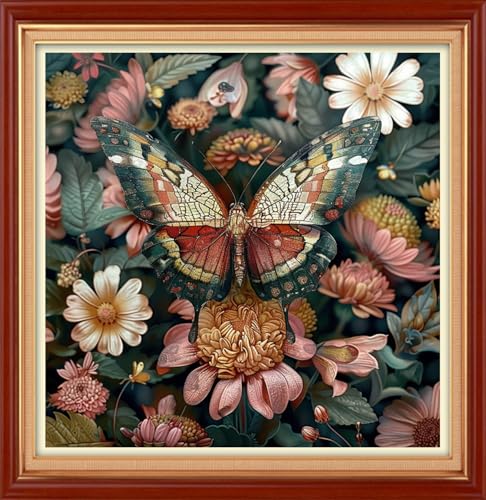 Image of Joyhoor Cross Stitch Kits for Beginners Stamped Cross-Stitch Supplies Needlework preprint Embroidery Kits for Adults DIY Needlepoint Kit Embroidery Patterns 11CT-Colorful Butterfly Flowers 18x18 inch