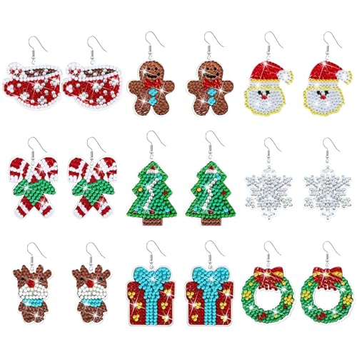 Embhlitfe Lot de 9 paires de boucles d'oreilles de Noël avec peinture diamant - Kit de fabrication de boucles d'oreilles de Noël - Mosaïque - Diamant - Ensemble de bijoux pour fête de Noël