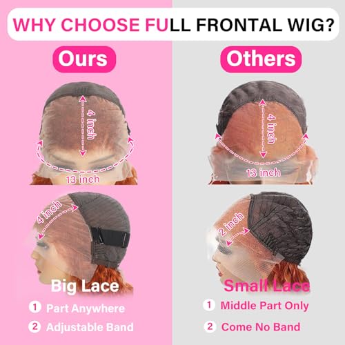 Image of 32 Inch Ginger Lace Front Wigs Human Hair 13x4 Deep Wave Lace Front Wigs Human Hair 350 Burnt Orange Wet Wavy Curly Wig Human Hair Pre Plucked 180% Density Water Wave Colored Glueless Wig for Women