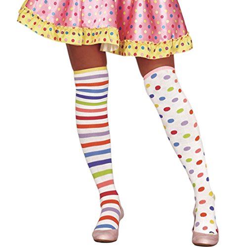 NET TOYS Bunte Overknees Kniestrümpfe Clown gestreift & gepunktet Überknie Strümpfe Clownkostüm Clownstrümpfe Harlekin Ringelstrümpfe Damen Damenkniestrümpfe