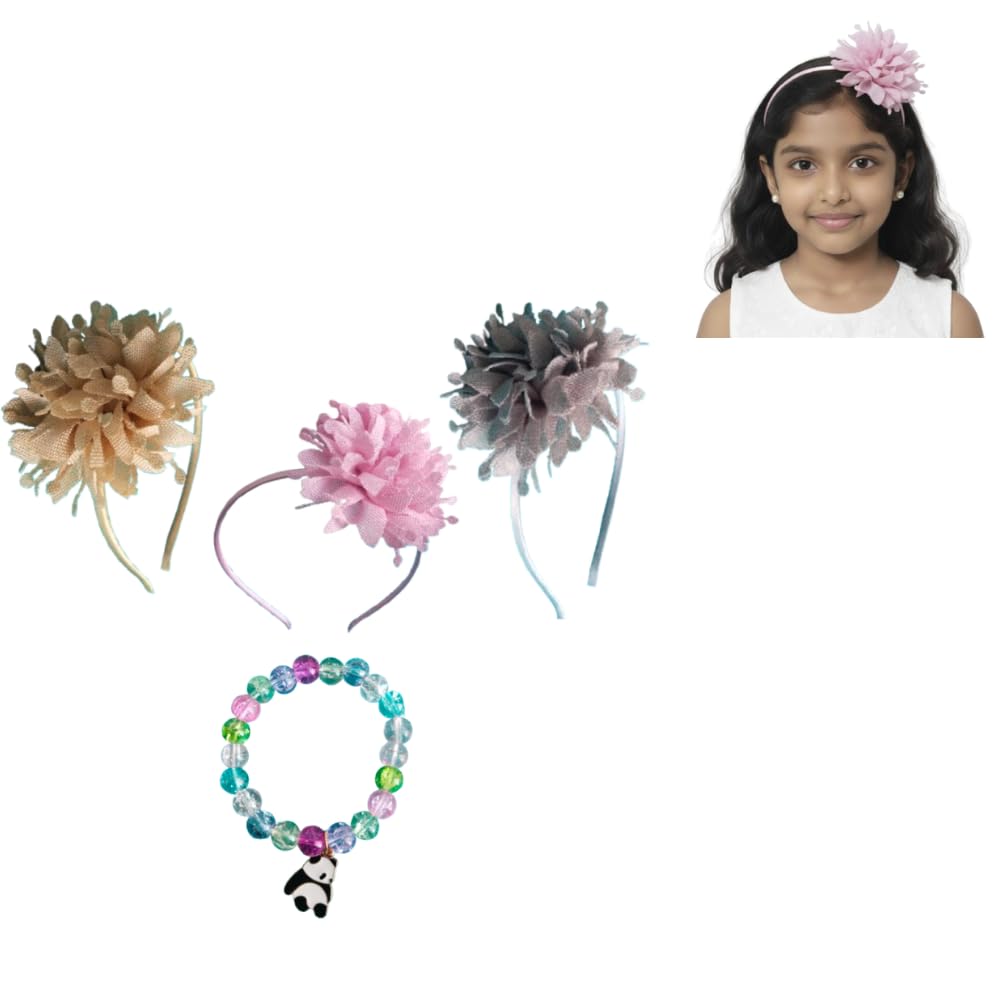 Kids (3-Color Combo) Soft Fabric Headband + Beaded-Bracelet Set – Elastic Cloth Headband (Gold, Pink, Grey) with Colourful Bead Charm Bracelet for Girls – Comfortable Hair=.+Accessory & Wrist Jewelry Gift Set-image-34