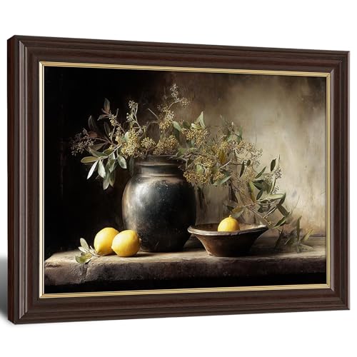 Image of Framed Vintage Lemon Still Life Canvas Wall Art, Rustic Pottery Vase with Olive Branches Canvas Prints Pictures, Farmhouse Kitchen Wall Decor for Living Room Bedroom Dining Room