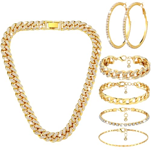 Yinkin 6 Pcs Link Chain jewelry sets for Woman with Rhinestone Necklace Bracelet Earrings Bling Diamond chunky Chain Jewelry