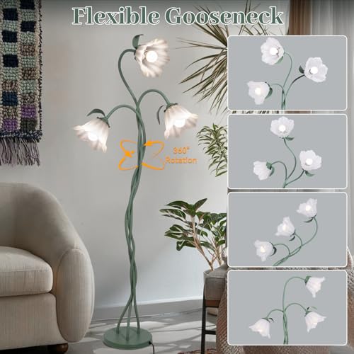 Image of Vintage 3 Heads Flower Floor Lamp with Adjustable Gooseneck Corner Standing Tall Floor Lamp 3 Color Modes for Living Room Bedroom Reading Decoration Vine Floral Lamp with Lily of The Valley