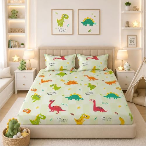 Image of Filymore Kids Double Bedsheet with 2 Pillow Covers - Cartoon Dinosaur Theme, 240 TC Soft Microfiber Bed Sheet for Double Bed (90x90 Inches), Breathable & Skin-Friendly Kids Bedding Set, Green & White