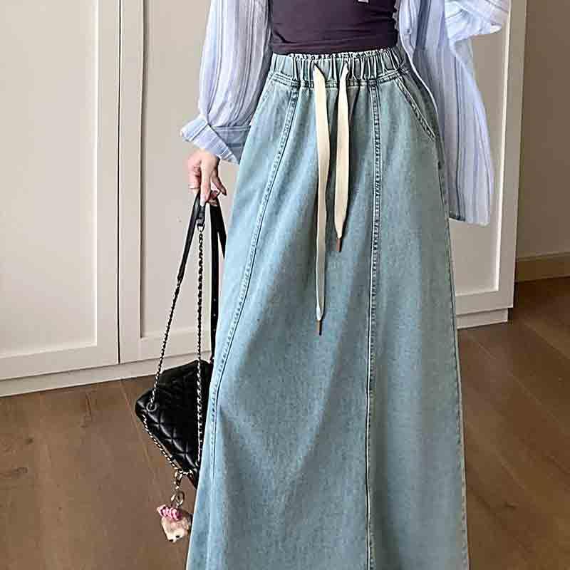Women's Retro Washed Elastic Waistband Drawstring Denim Skirt, mid Length, Loose A-line Large Swing Skirt3
