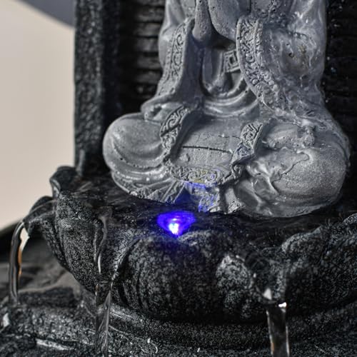 Zen'Light - Zimmerbrunnen Nirvana - Wasserfall mit Buddha & Weißer LED-Beleuchtung - Moderne Zen Deko, Ideal für Meditation & Entspannung - Feng Shui - H 26cm, Grau