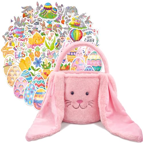 Kephay Easter Bunny Basket for Kids, Cute Plush Big Ear Easter Basket with 50PCS Easter Stickers Pack for Boys Girls Easter Gifts for Egg Hunting Basket (Pink)