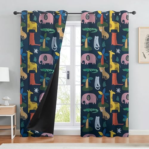 Image of BFAM Kids Blackout Curtains 12 feet Set of 1 - 100% Room Darkening, Thermal Insulated, Noise Reducing, Cute Animal & Rainbow Prints, Eyelet Curtains for Playroom, Bedroom & Nursery
