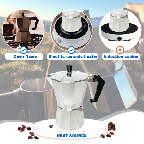 Cafeteira de café de fogão de alumínio, cafeteira de fogão Moka para café expresso clássico, 6 xícar