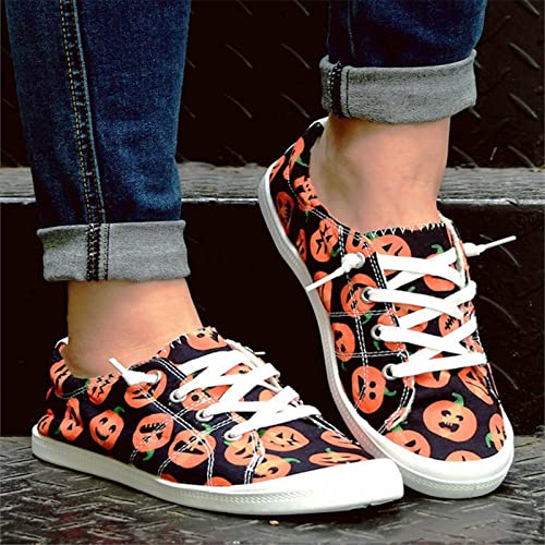 Women's Canvas Shoes,Halloween Pumpkin Ghost Print Flat Sports Shoes for Women Breathable Women's Shoes2