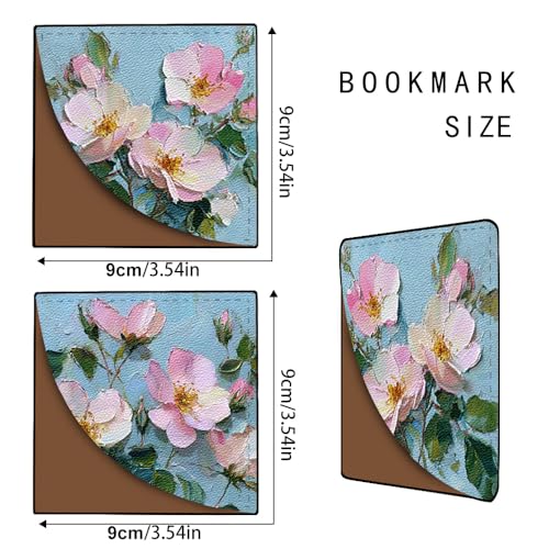 Image of 2Pcs Pink Floral Corner Bookmarks, Handmade PU Leather Page Corner Protectors, Oil Painting Art Stationery Gift for Women, Teachers, Mom, Spring Summer Reading Accessories 3.54 x 3.54