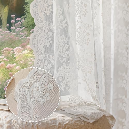 Anmao Vintage White Lace Curtains 84 Inches Long 2 Panels Set Romantic Elegant Light Filtering Semi Sheer Floral Thick Lacy Curtain Drapes for Living Room and Bedroom Each Panel 55W x 84L Off White