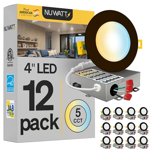 NUWATT 12 Pack 4 Inch Ultra-Thin Bronze LED Recessed Lighting 5CCT 2700K/3000K/3500K/4000K/5000K Selectable 630 Lumens IC Rated Dimmable Canless Wafer Light Slim Panel Light Metal J-Box ETL