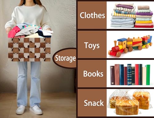 Image of Checkered Kids Toy Basket Collapse Storage Bin with Handles Canvas Cow Fur Print Home Decor(Brown White)