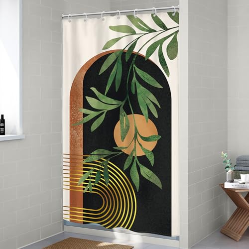 Image of Riyidecor Small Stall RV Boho Black Brown Shower Curtain Narrow Mid Century Abstract Modern Arch Leaves Sun 36Wx72H Inch Geometric Minimalist Fabric Decor Bathroom Polyester Waterproof Hooks