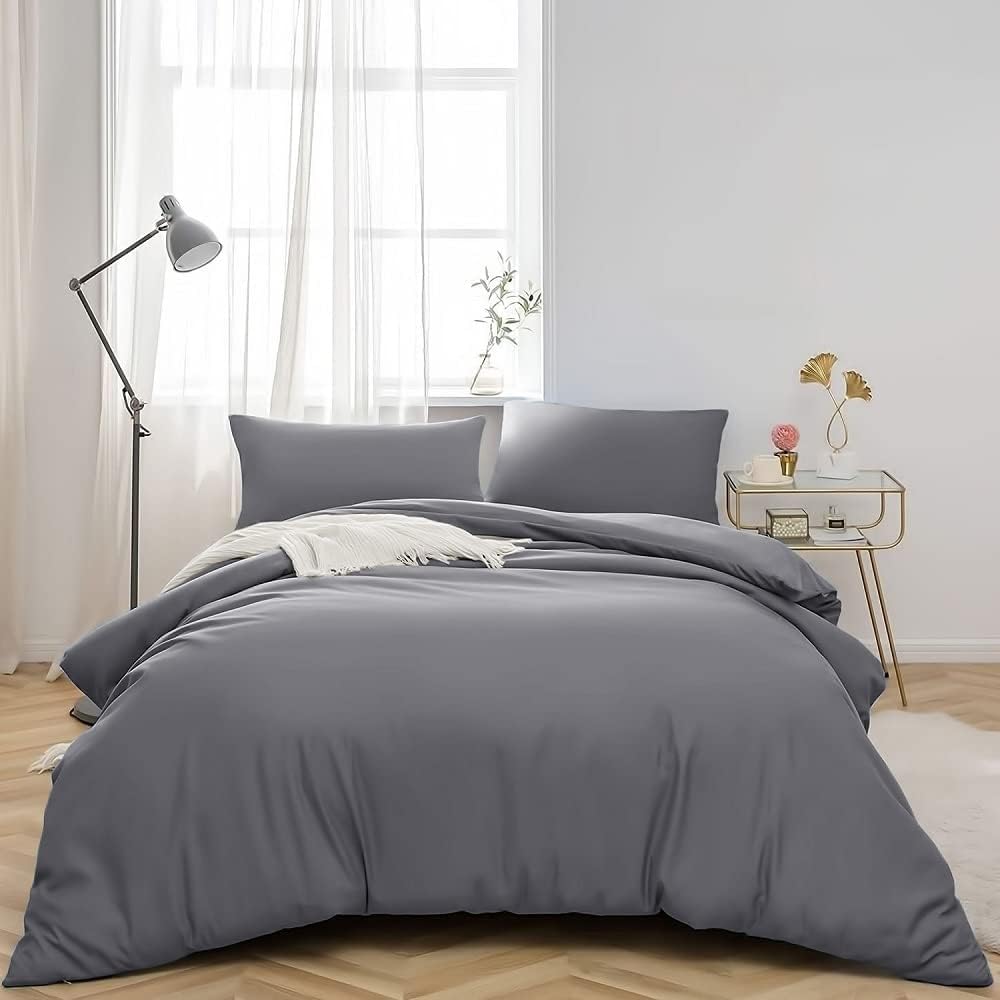 BEDSHEET WALA Funda de edredón de algodón egipcio color gris oscuro liso con cierre de cremallera y lazos en las esquinas, funda de edredón de 3 piezas, calidad de hotel, 1000 hilos, tamaño emperador