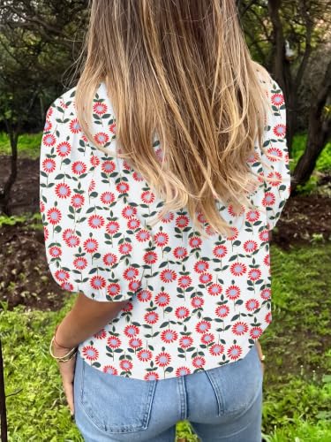 Image of Tankaneo Womens Button Down Shirts Puff Sleeve Tops Summer Cotton Blouses | Loose Fit, Boxy, Dressy Casual, Collared, Short Sleeve, Solid Color, Striped, Plaid, Polka Dots