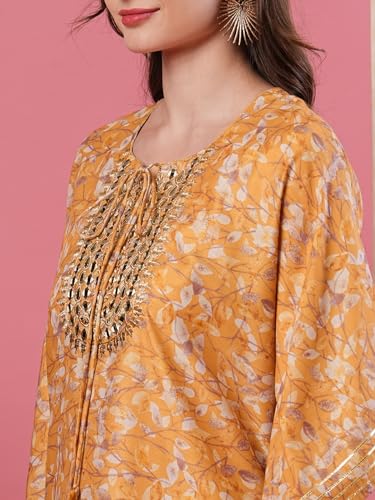Image of Globus Yellow Round Neck Allover Printed Kaftan Kurta