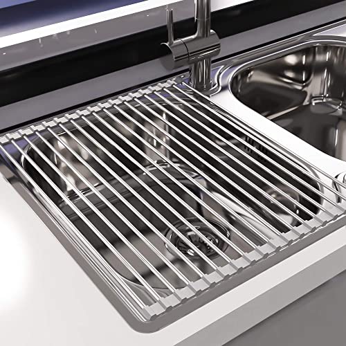 Howdah Egouttoir Vaisselle INOX Gris Cuisine Séchoir à Rouleaux Repliable et Amovible en Acier Inoxydable pour Évier 43CM*35CM Cover
